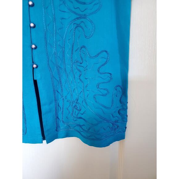 Vintage 90s Aqua Blue Embellished Relaxed Flowy Button Up Blouse Tunic, Medium - Picture 7 of 11